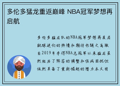 多伦多猛龙重返巅峰 NBA冠军梦想再启航 多伦多猛龙重返巅峰 NBA冠军梦想再启航