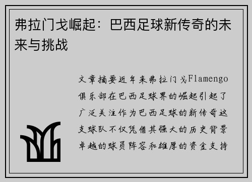 弗拉门戈崛起:巴西足球新传奇的未来与挑战 弗拉门戈崛起:巴西足球新传奇的未来与挑战